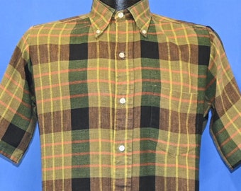 60s Penneys Towncraft Green Brown Plaid Button Down Collar Shirt Small