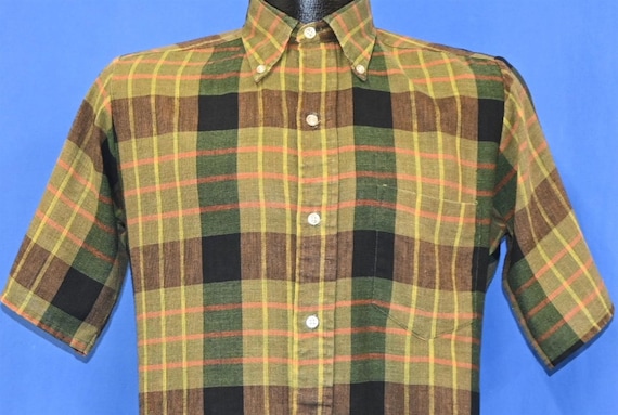 60s Penneys Towncraft Green Brown Plaid Button Do… - image 1
