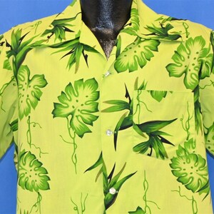 70s Green Monstera Leaf Floral Tropical Big Collar Cotton Hawaiian Shirt Medium