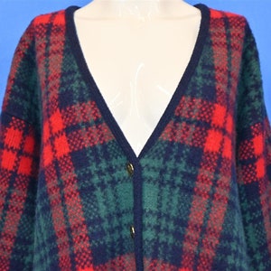 80s Robert Mackie Red Green Blue Tartan Plaid Cardigan Sweater Women&#39;s Medium