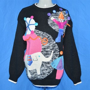 80s CSL Circus Clown Elephant Applique Ugly Black Vintage Sweater Small ...