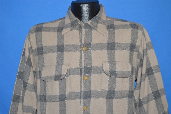 50s Gray Loop Collar Plaid Wool Flannel shirt Larg