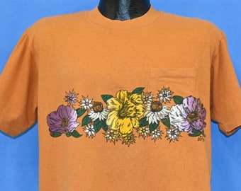 70s Hi Cru Orange Tropical Flower California Surf Pocket t-shirt Large