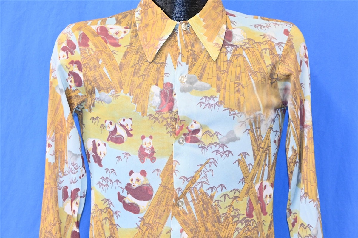 70s Panda Bears Bamboo Big Collar Disco Shirt Small