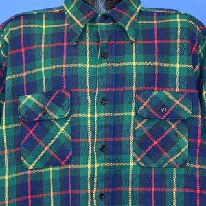 60s Five Brother Green Blue Red Plaid Flannel Button Down Shirt Extra Large