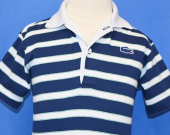 80er Jahre Izod Lacoste Streifen Weiß Grün Blau Krokodil Poloshirt Jugend S