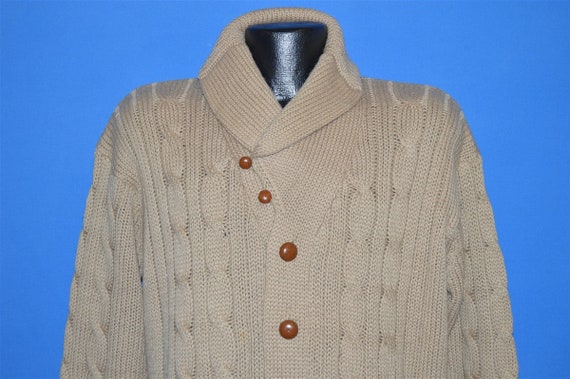 70s Cable Knit Shawl Collar Cardigan Sweater Large