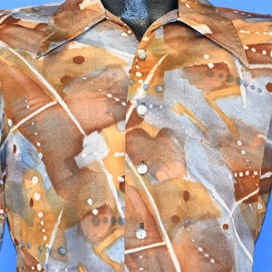 70s Accent Brown Gray Abstract Watercolor Poly Big Collar Disco Shirt Medium