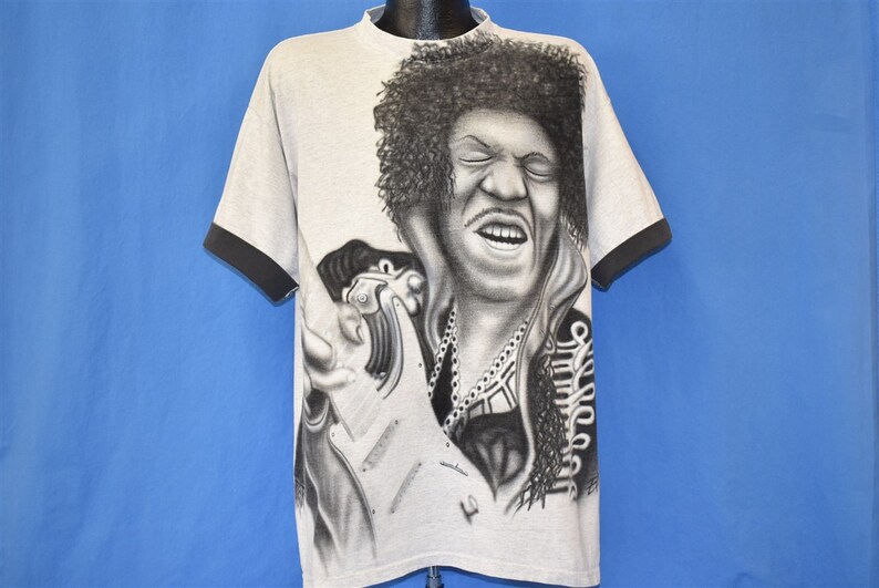 90s Jimi Hendrix Playing Guitar Airbrushed Roll Up Sleeve t-shirt XXL image 2