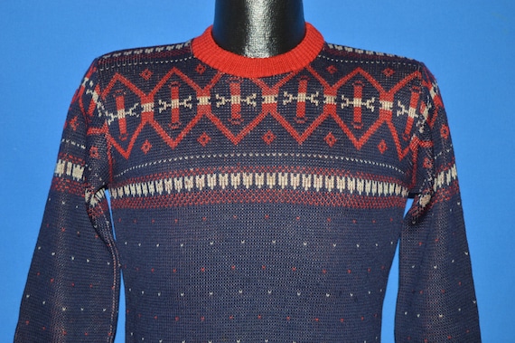 40s Bond Blue Red Snowflake Sweater Small - image 1