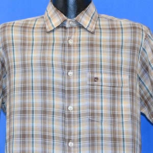 80s Pierre Cardin Brown Beige Plaid Button Down Short Sleeve Men&#39;s Shirt Large