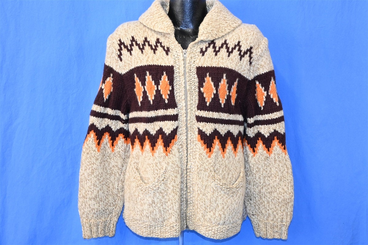 【DISCERNMENT】BONE heavy wool cowichan Vintage Bowling Wool Knit Cowichan Sweater Size Medium
