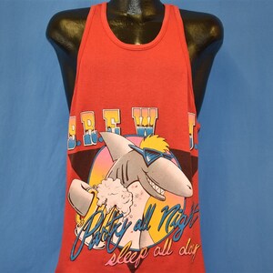 80s Brew U Party All Night Sleep All Day Shark Cartoon Tank Top t-shirt Medium