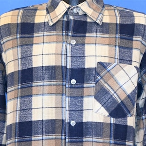 80s Brown Blue Plaid Cotton Flannel Button Down Shirt Medium