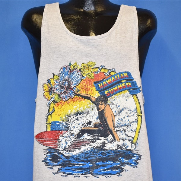 90s Hawaiian Summer Surf Tank Top Wave Hibiscus Flower Sunset t-shirt Large