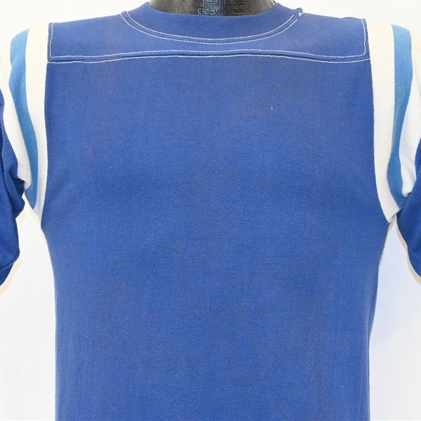 70s Gulf Coast Sportswear Plain Blue Blank Striped Sleeve Zapata t-shirt Small