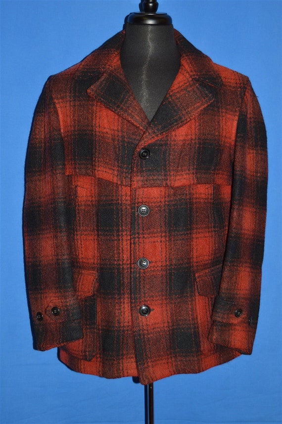 50s Red Black Wool Mackinaw Checked Winter Coat L… - image 3