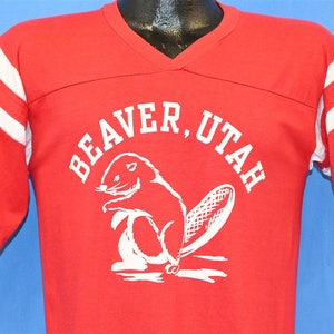80s Beaver County Utah V-Neck Striped Jersey Red t-shirt Medium