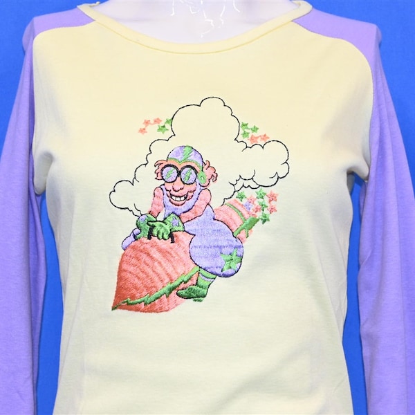 70s Embroidered Cartoon Riding a Rocket Long Sleeve t-shirt Women's Medium