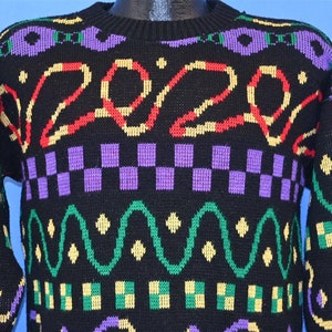 80s Nathalie B Black Rainbow Multi-Color Geometric Acrylic Pullover Sweater Women&#39;s Medium