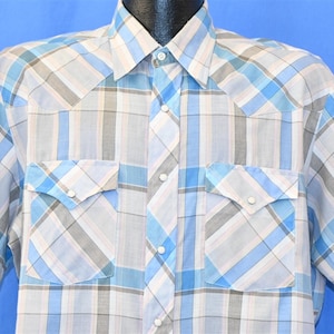 80s Wrangler Blue Gray Plaid Western Yoke Pearl Snap Cowboy Shirt Extra Large