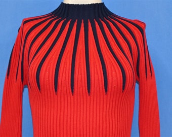 70s Red Navy Blue Mock Neck Rib Knit Acrylic Pullover Sweater Women's Extra Small