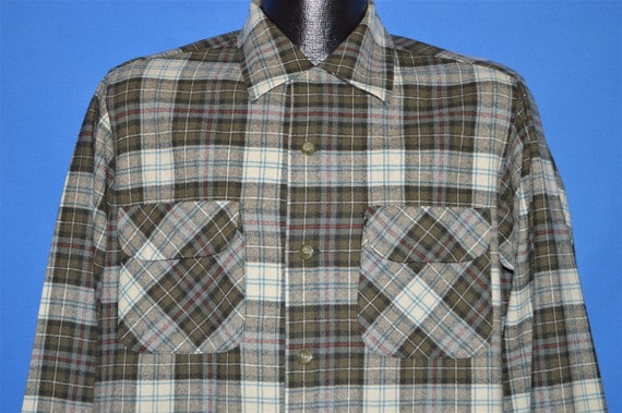 60s Pendleton Brown Plaid Loop Collar Wool shirt M