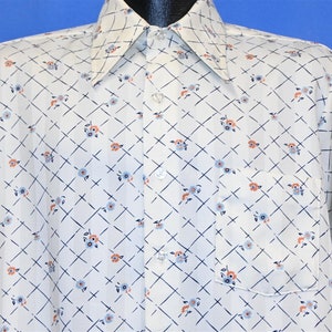 70s JCPenney Floral Flowers Grid Big Collar Tapered Button Down Disco Shirt Large
