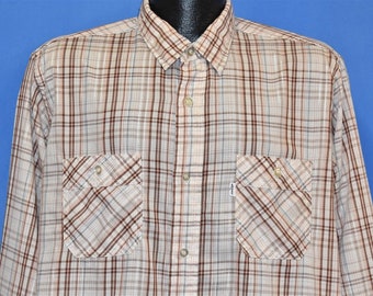 80s Levis Plaid Cream Brown Button Front Men's Shirt Large