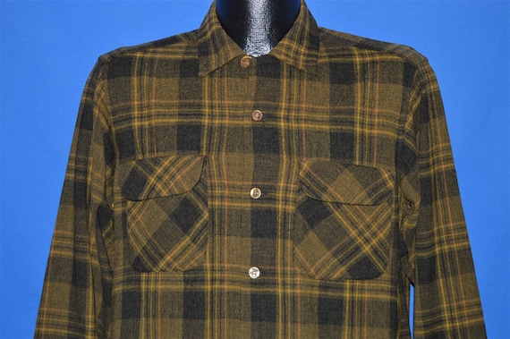 50s Brown Wool Loop Collar Plaid shirt Small