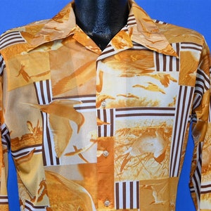 70s Disco Seagulls Yellow Abstract Big Collar Nylon Shirt Youth Extra Large
