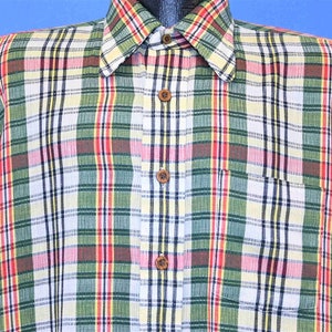 70s Arrow Green Yellow Red Plaid Big Collar Button Down Shirt Large
