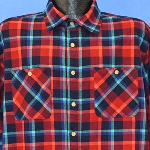 90s Red Blue Plaid Flannel Polyester Square Hem Button Down Shirt Large