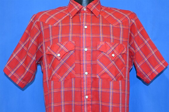 70s Ely Wagon Boss Red Plaid Pearl Snap Short Sle… - image 1