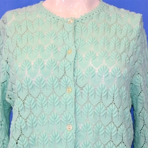 60s Americana Knitted Lace Crochet Mint Green Button Up Cardigan Sweater Women&#39;s Large