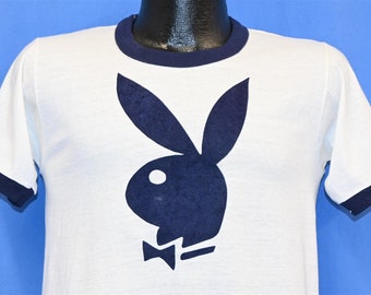 70s Playboy Bunny Flocked Logo Magazine Mansion Ringer t-shirt Small