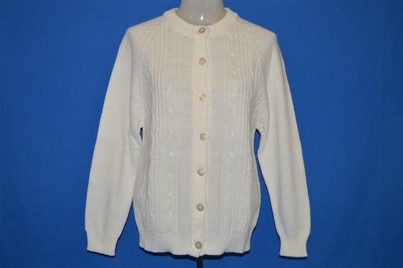 70s White Cable Knit Women's Cardigan Sweater Med… - image 2