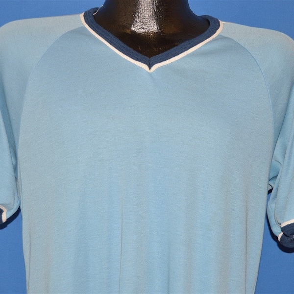 80s Blank Blue Jersey Ringer V-Neck t-shirt Large