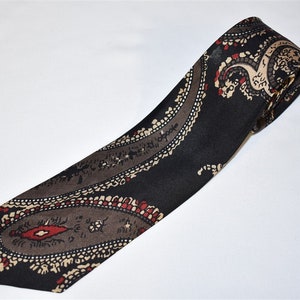 50s Paisley Floral Black Brown Red Skinny Necktie Vintage
