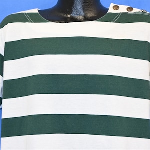 90s Striped Green White Boat Neck Button Embellished Shoulder Women&#39;s t-shirt Medium