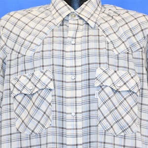 80s Levi&#39;s Blue Beige Brown Plaid Pearl Snap Western Cowboy Shirt Extra Large