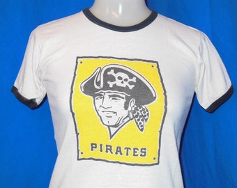70s Pittsburgh Pirates Blue Bar Champion Vintage White and Black Ringer t-shirt Youth Large