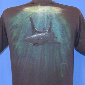 80s Airbrushed Shark Swimming Underwater Ocean Faded Double-Sided t-shirt Medium