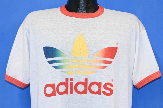 80s Adidas Rainbow Trefoil Spellout Ringer t-shir… - image 1
