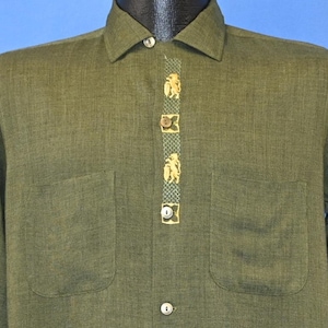 50s Wings Green Embroidered Loop Collar Long Sleeve Button Down Shirt Small
