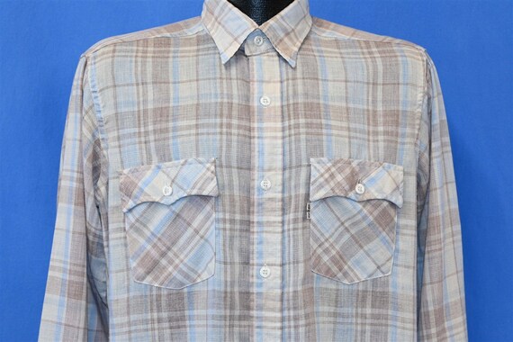 80s Levis Plaid Shirt Off White Brown Blue Button… - image 1