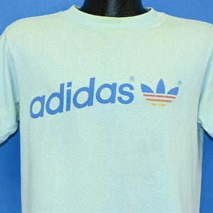 70s Adidas Trefoil Spellout Logo Light Blue t-shirt Medium