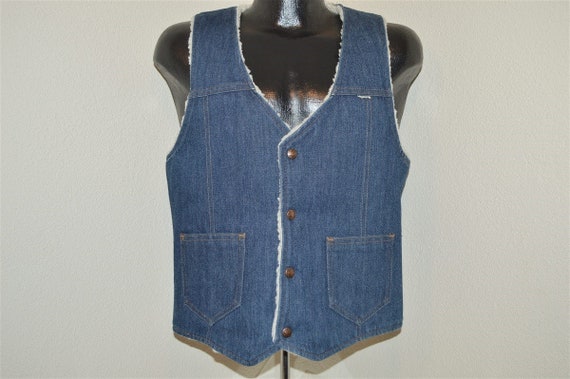 70s Nelson Sherpa Faux Lined Denim Vest Medium - image 1