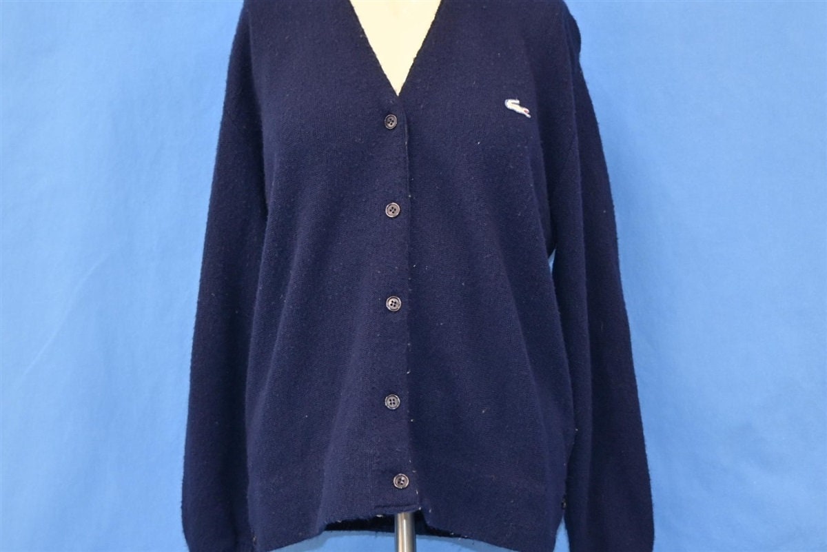 80s-90s usa製 LACOSTE blue knit cardigan Vintage 1980s Lacoste Club USA NAVY Blue Button Unisex