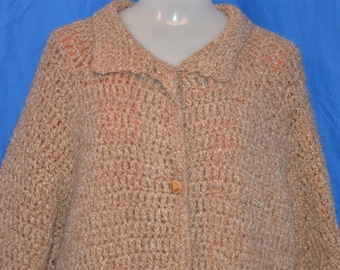 70s Brown Vintage Hand Knit Lined Cardigan Sweater Jacket Women's Extra-Large
